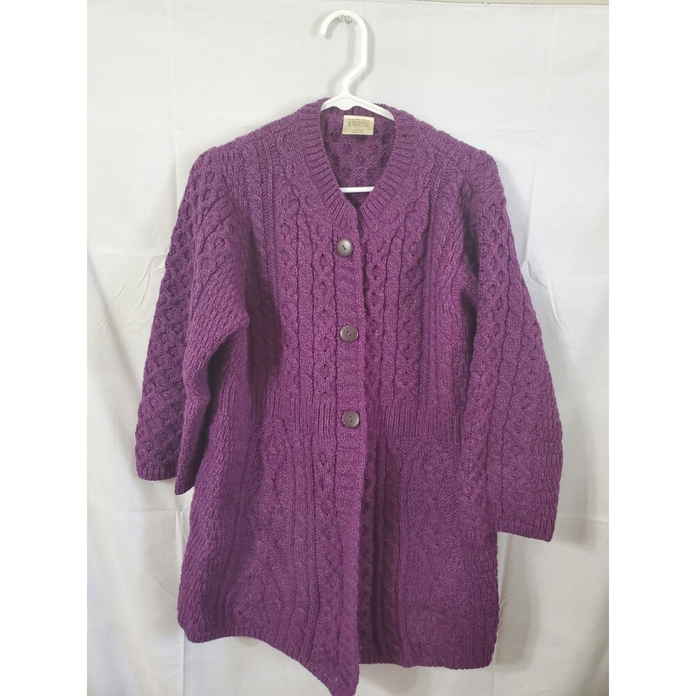 Kilronan Knitwear Cardigan Merino Wool Cable Knit Ireland 3/4 Sleeve Size Large